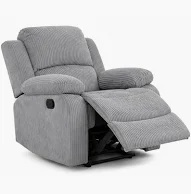 A grey fabric recliner armchair in a reclined position